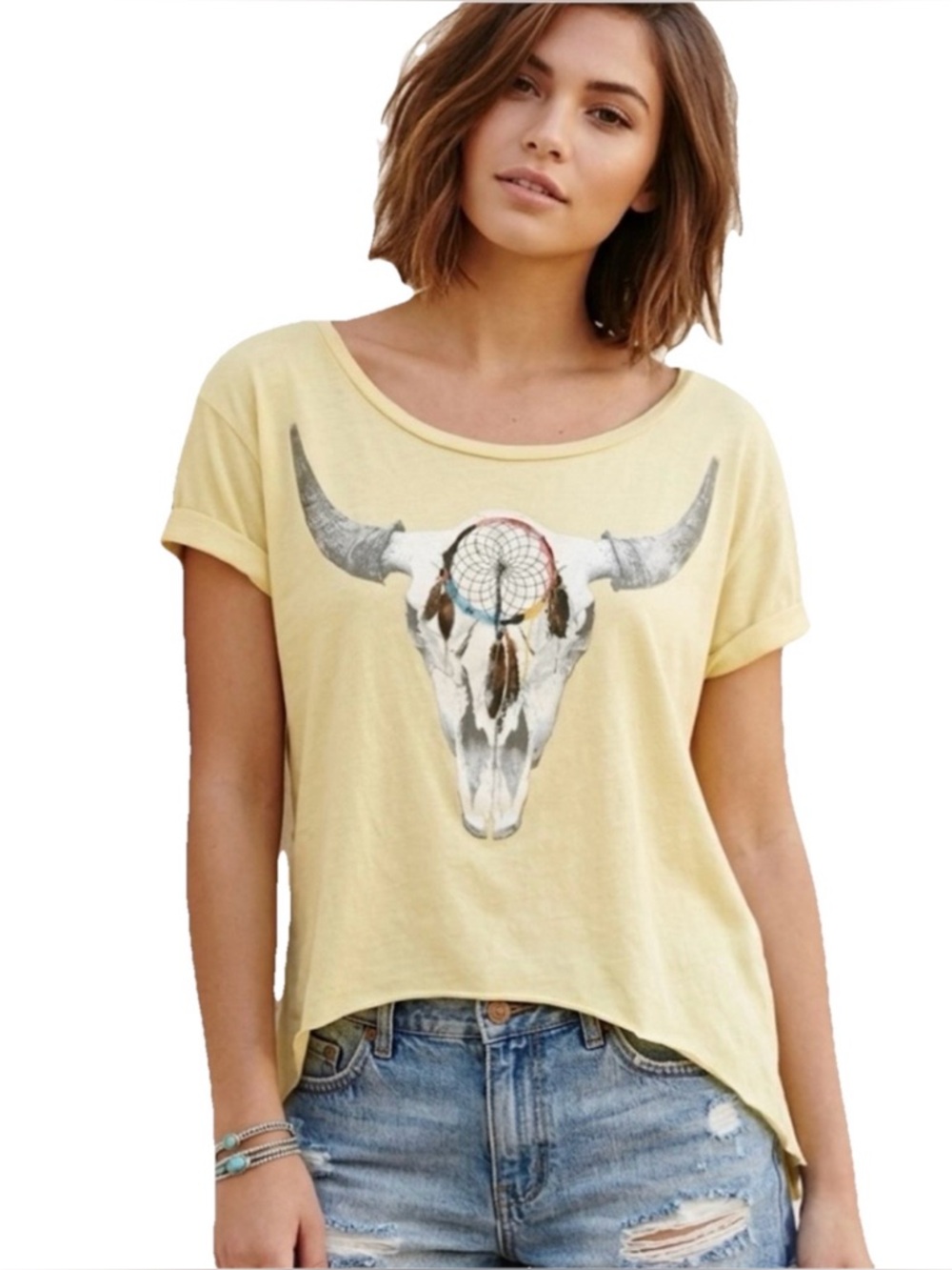 DreamR Bull Head Women’s Cotton Yellow T Shirt Size XS